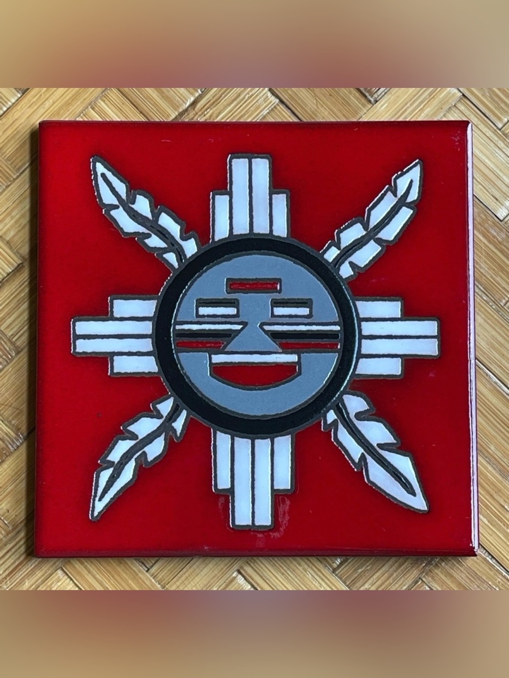Vintage New Mexico Red Hand Painted Zia Sun Tile Trivet Art Approx. 6"x6"